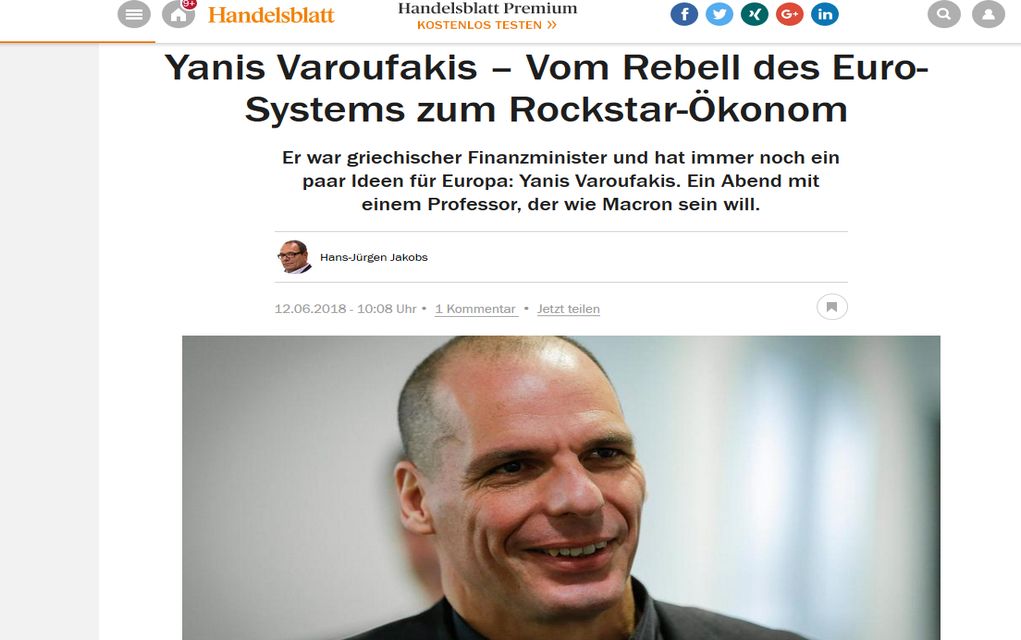 Handelsblatt για Βαρουφάκη: Από επαναστάτης του Ευρωσυστήματος, Ροκ – Σταρ οικονομολόγος»