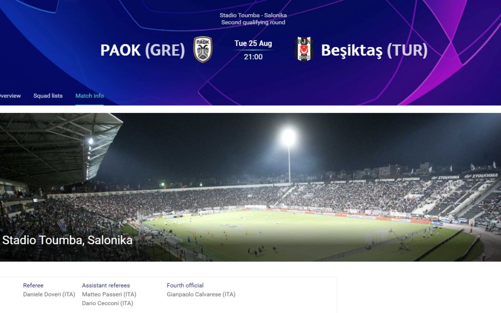 Ιταλός διαιτητής στο ΠΑΟΚ – Μπεσίκτας