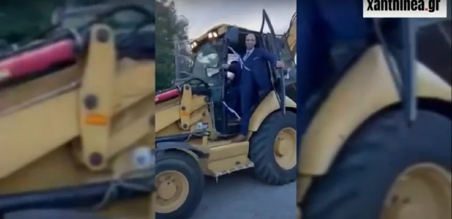 Ξάνθη: Γαμπρός πήγε στην εκκλησία με μπουλντόζα (vid)
