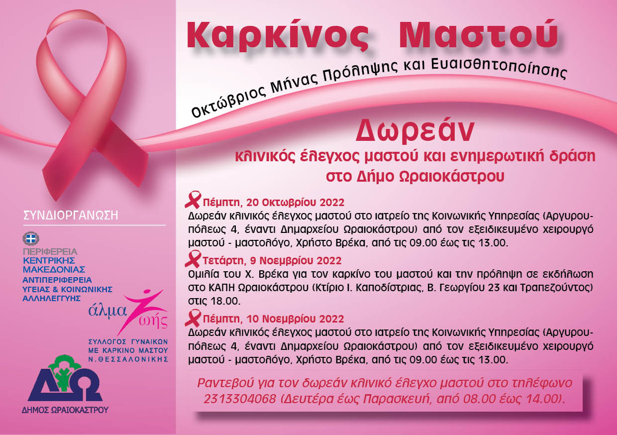 Δ. Ωραιοκάστρου: Δωρεάν κλινικός έλεγχος μαστού από τον Σύλλογο «Άλμα Ζωής»
