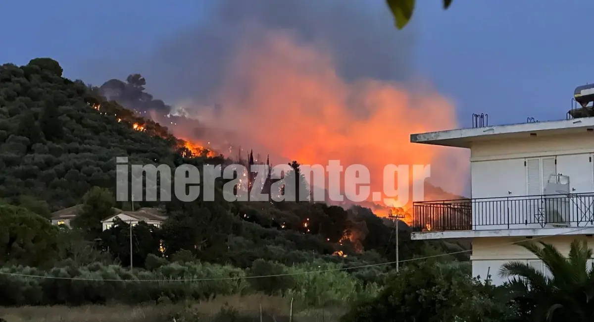 Φωτιά στη Ζάκυνθο: Κοντά σε σπίτια καίει η φωτιά – Σε ετοιμότητα καλούν οι Αρχές μέσω του 112
