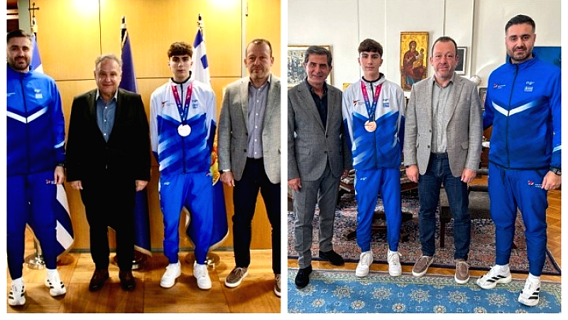 Ο Κώστας Γκιουλέκας και ο Στέλιος Αγγελούδης τιμούν τον Αρη Ψαρρό για την παγκόσμια επιτυχία του