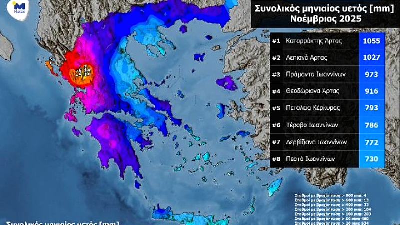 Ρεκόρ βροχοπτώσεων στα Τζουμέρκα τον Νοέμβριο του 2025